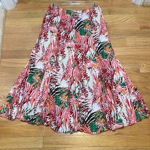 Coral, green, red, brown and white leaf print skirt